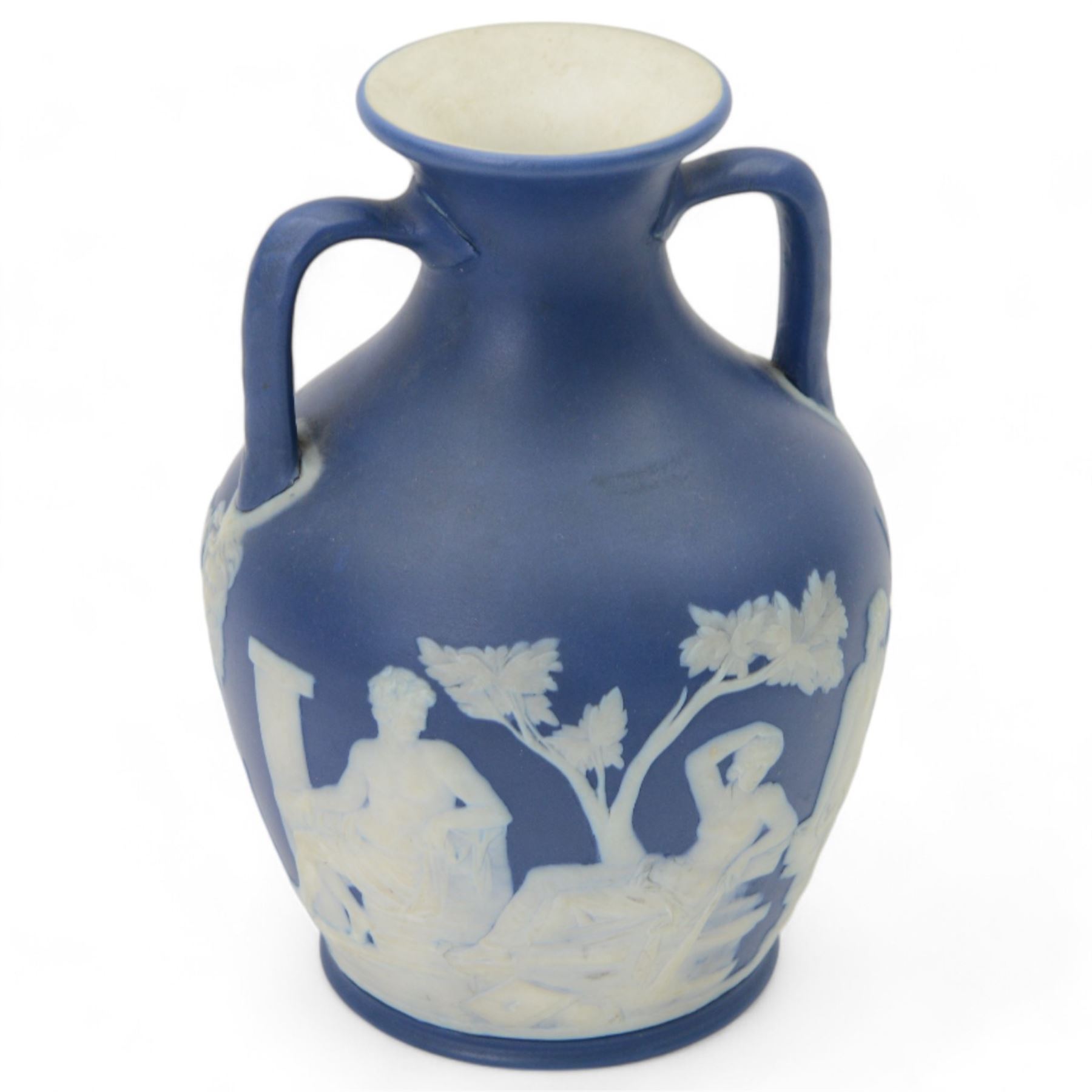 Wedgwood dark blue Jasperware Portland twin handled vase, decorated with classical figures, H21cm