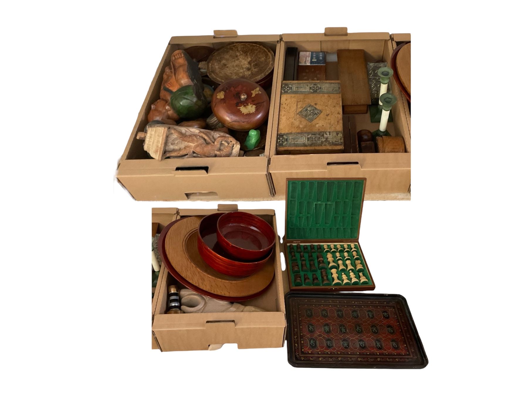 Wooden chess set, together with carved figures and other wooden items, in three boxes 