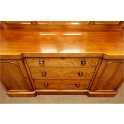 Victorian mahogany sideboard, raised bevelled mirror back above reverse break front, three figured drawers and two cupboards, plinth base, W172cm, H161cm, D52cm  