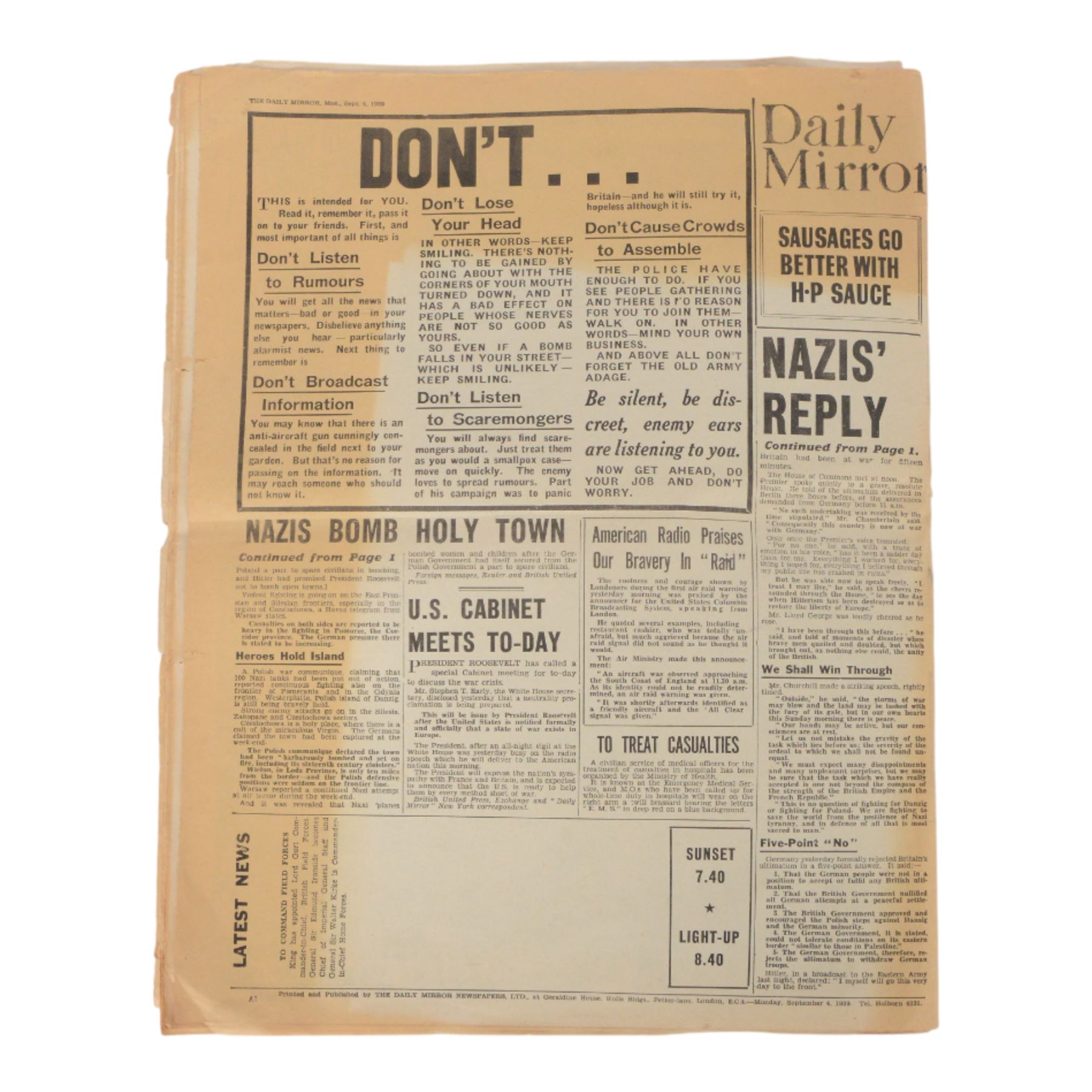 Daily Mirror 'First day of War' newspaper Monday 4th September 1939
