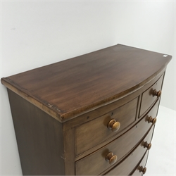 Victorian mahogany bow front chest, two short and three long drawers on turned supports, W102cm, H123cm, D53cm