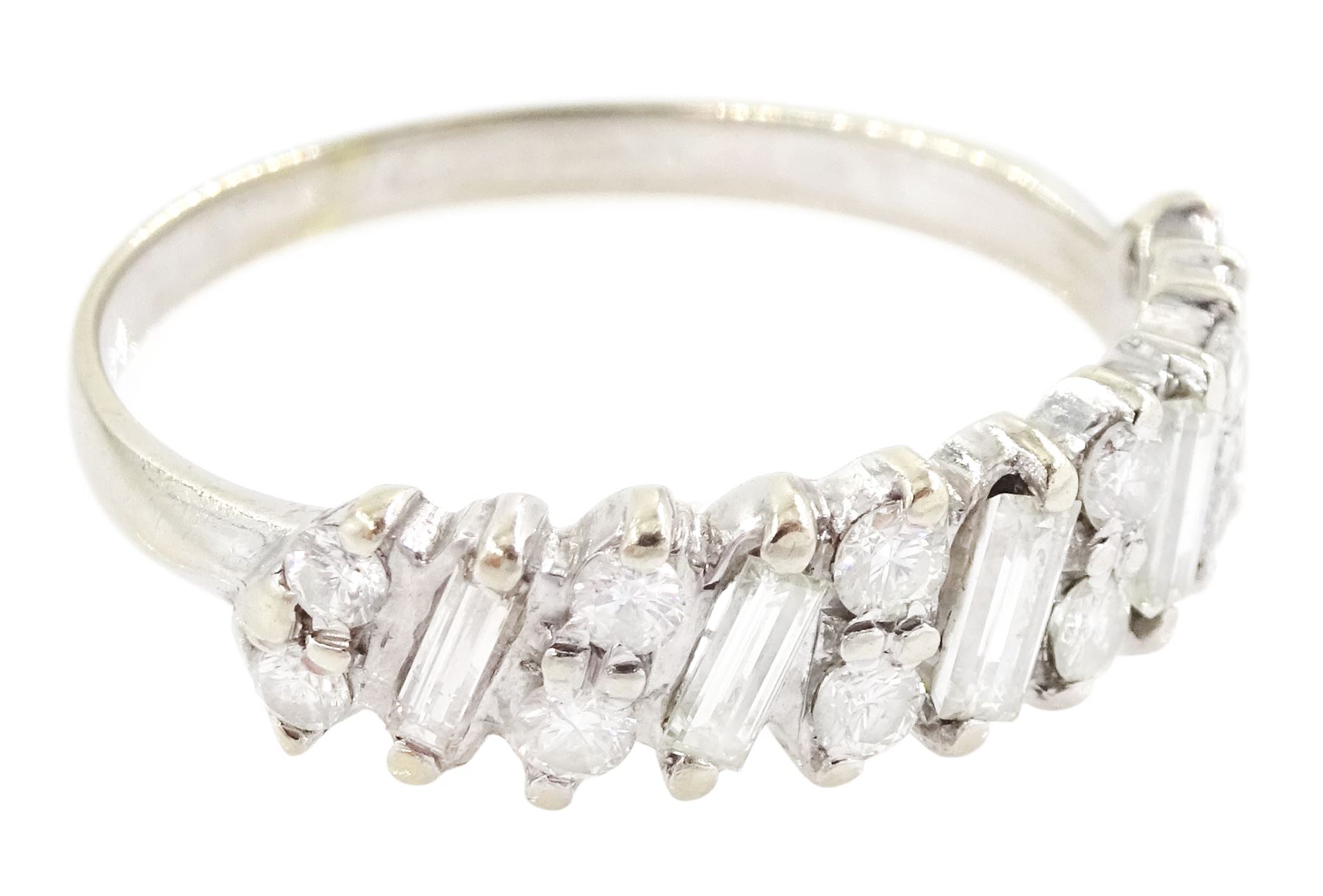 18ct white gold diamond half eternity ring, five baguette cut diamonds each spaced by two round brilliant cut diamonds, total diamond weight approx 0.55 carat