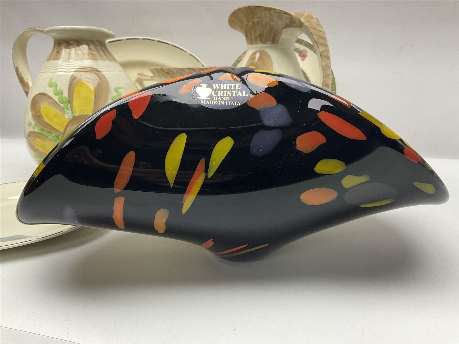 Murano glass dish together with three Myott jugs etc