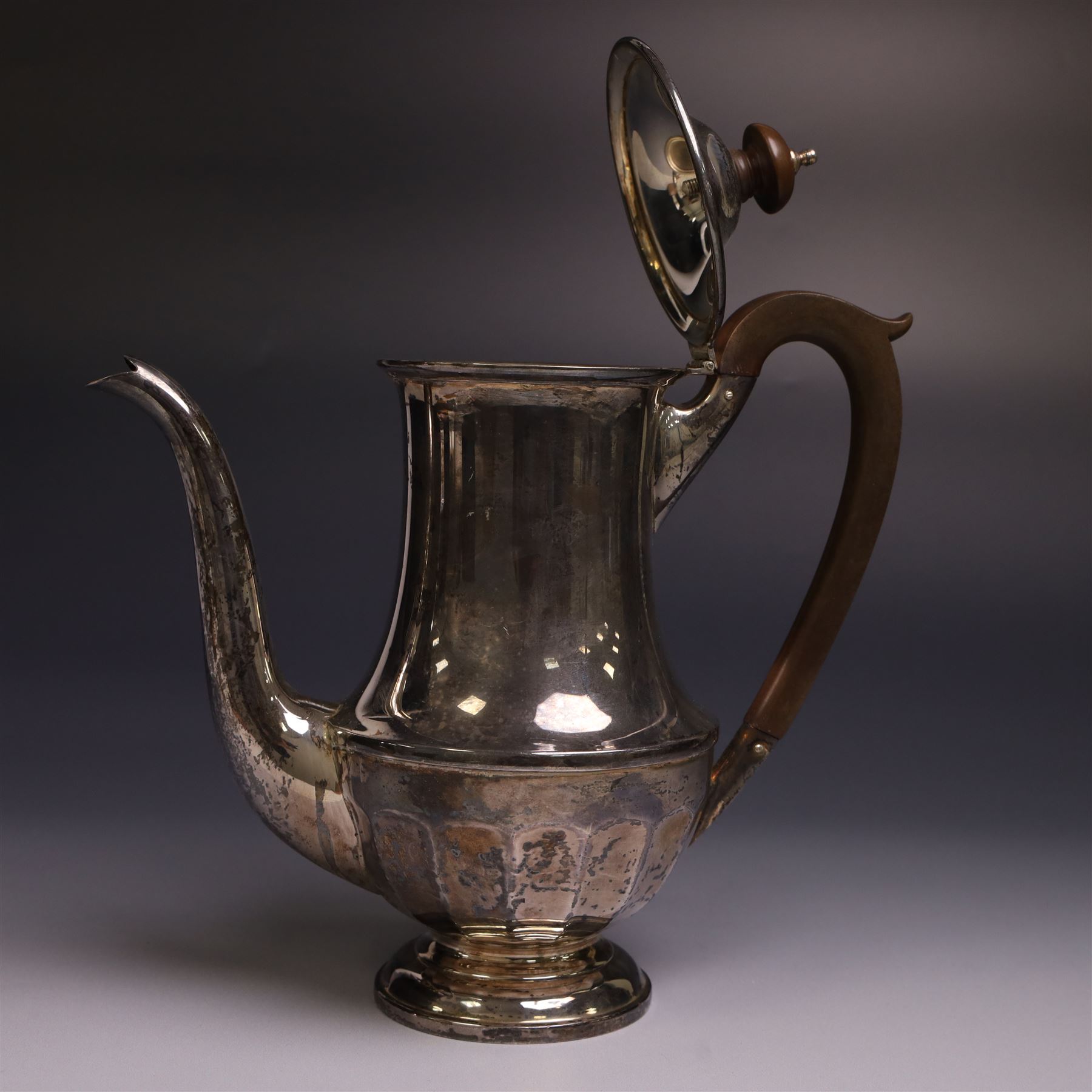 1930s silver coffee pot, of part fluted form with Bakelite type handles and finials, hallmarked Henry Clifford Davis, Birmingham 1933, H22cm