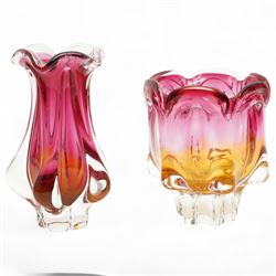 Three Czech bohemian art glass vases, by Josef Hospodka for Chribska, in various sprawling designs, including pronounced green and brown glass example, tallest H34cm  (3)
