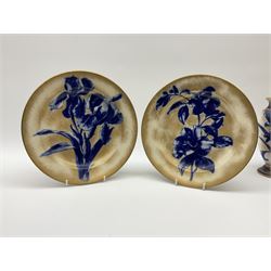 A collection of Doulton Burslem Iris pattern wares, comprising pair of baluster form vases, 19cm, jug, H11.5cm, and two plates, D24cm.  