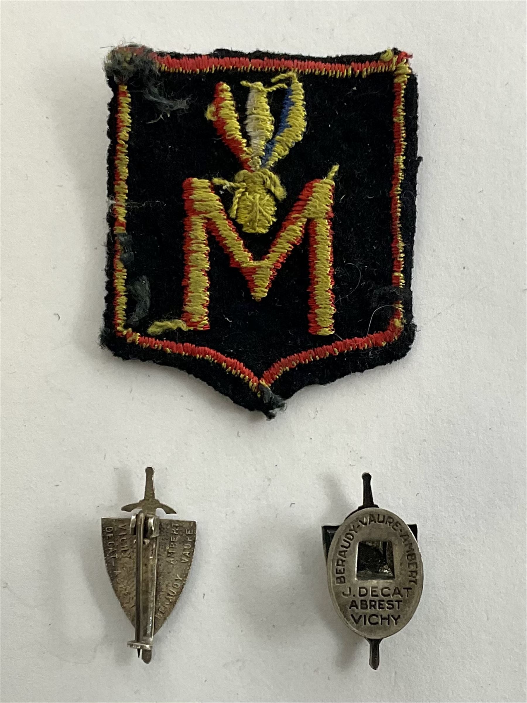 WWII French Milice cloth badge, together with two 1940's Legion Francaise des Combatants insignias 