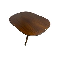 George III mahogany pedestal table, moulded tilt-top on turned column, three splayed supports with brass cups and castors