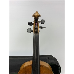 Late 19th century continental violin, possibly Italian, with 36cm two-piece maple back and ribs and spruce top, bears label 'Antonius Stradivarius Anno 1721', 60cm overall; in modern carrying case with silver mounted pernumbuco bow
