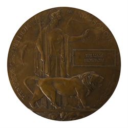 WWI bronze memorial death plaque named to William Howson, D12cm 