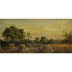 J B Cook (British 19th century): Hay and Harvest Fields, pair oils on canvas signed and dated '74, 19cm x 40cm (2)