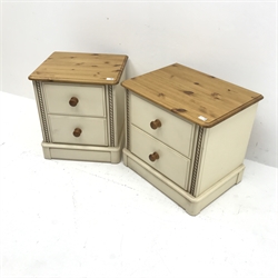 Pair painted pine bedside chests, moulded top, two drawers, plinth base, W61cm, H56cm, D45cm