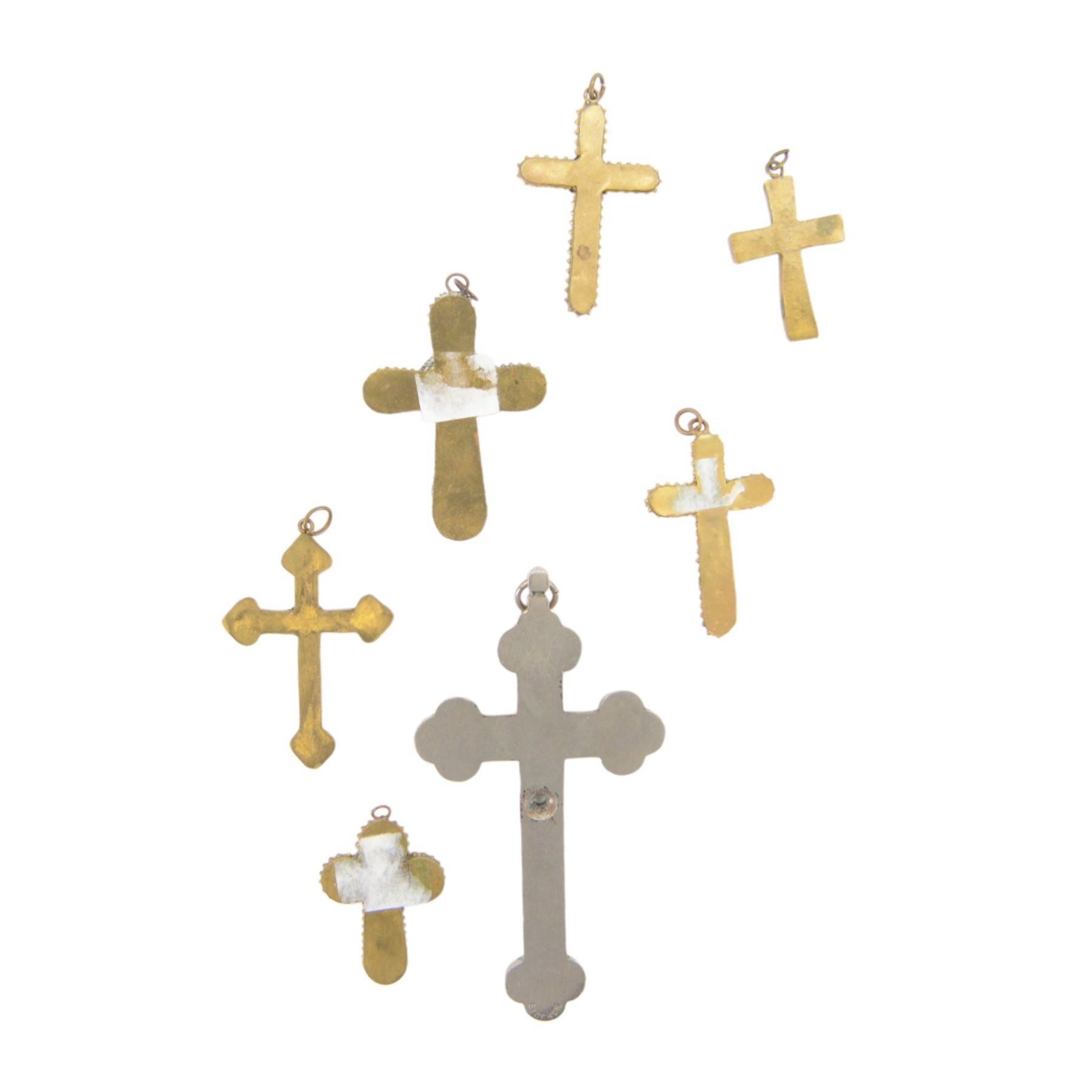 Seven micro mosaic cross pendents, largest H10cm