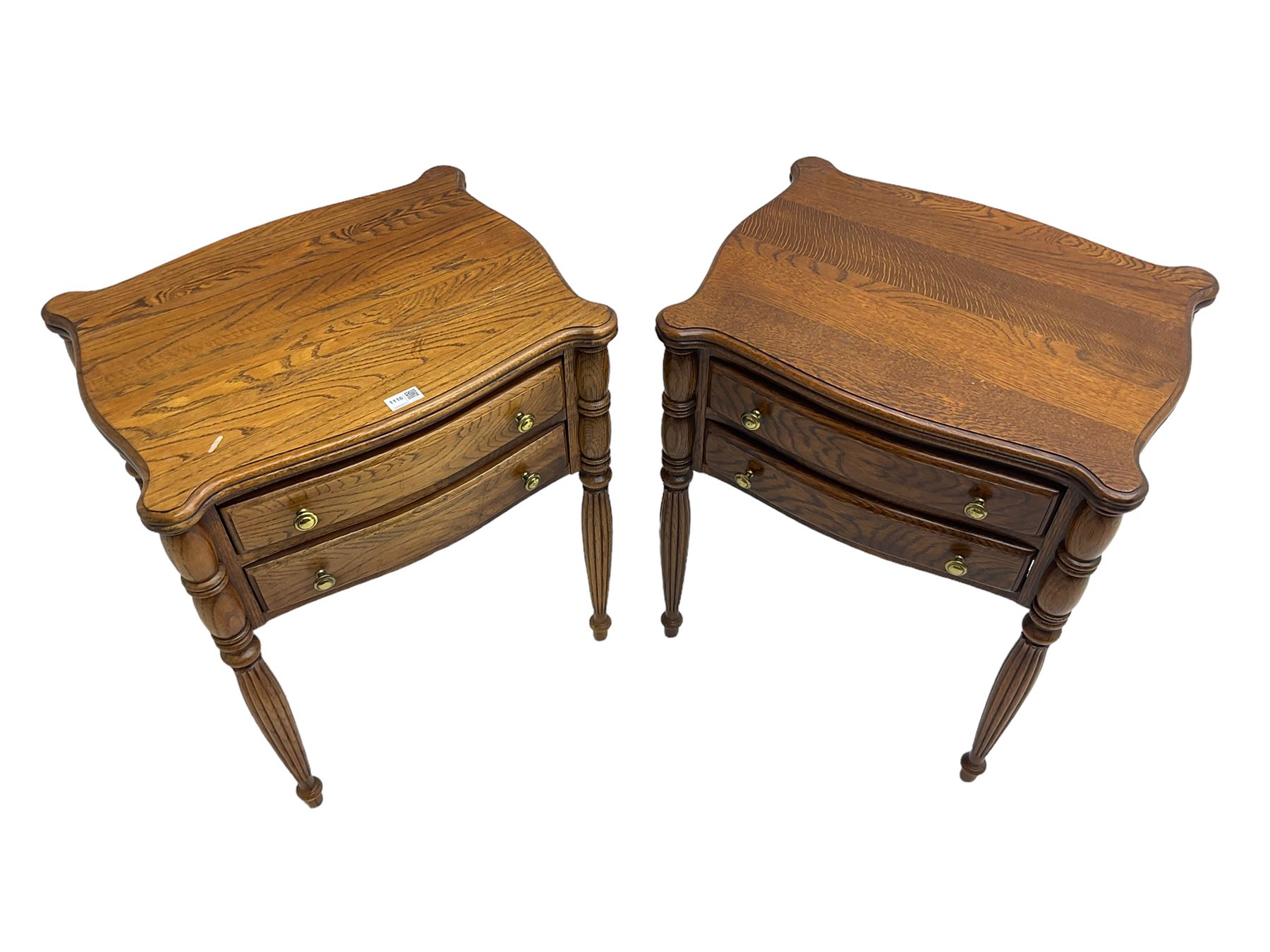 Lexington Furniture - pair of oak bedside lamp tables, shaped moulded top over two drawers, on turned and reed moulded supports