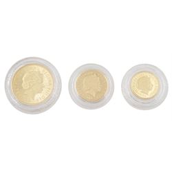 Queen Elizabeth II 'Golden Jubilee' gold proof three-coin shield back sovereign set, comprising double sovereign, full sovereign and half sovereign, cased with certificates