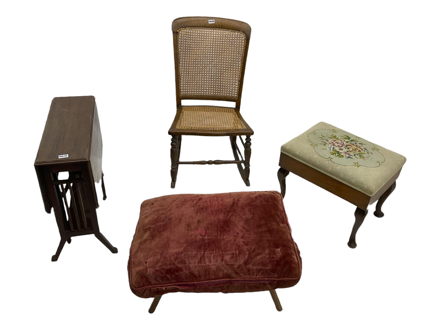 Edwardian corner chair, sewing box, nest of tables, two chairs, luggage stand, stool, drop leaf table and occasional table