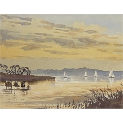  'Summer Evening on Hornsea Mere', watercolour signed by Patrick Burton (Northern British contemporary) 18cm x 23cm and Harbour Scene, watercolour signed by Ken Perry 25cm x 35.5cm (2)  