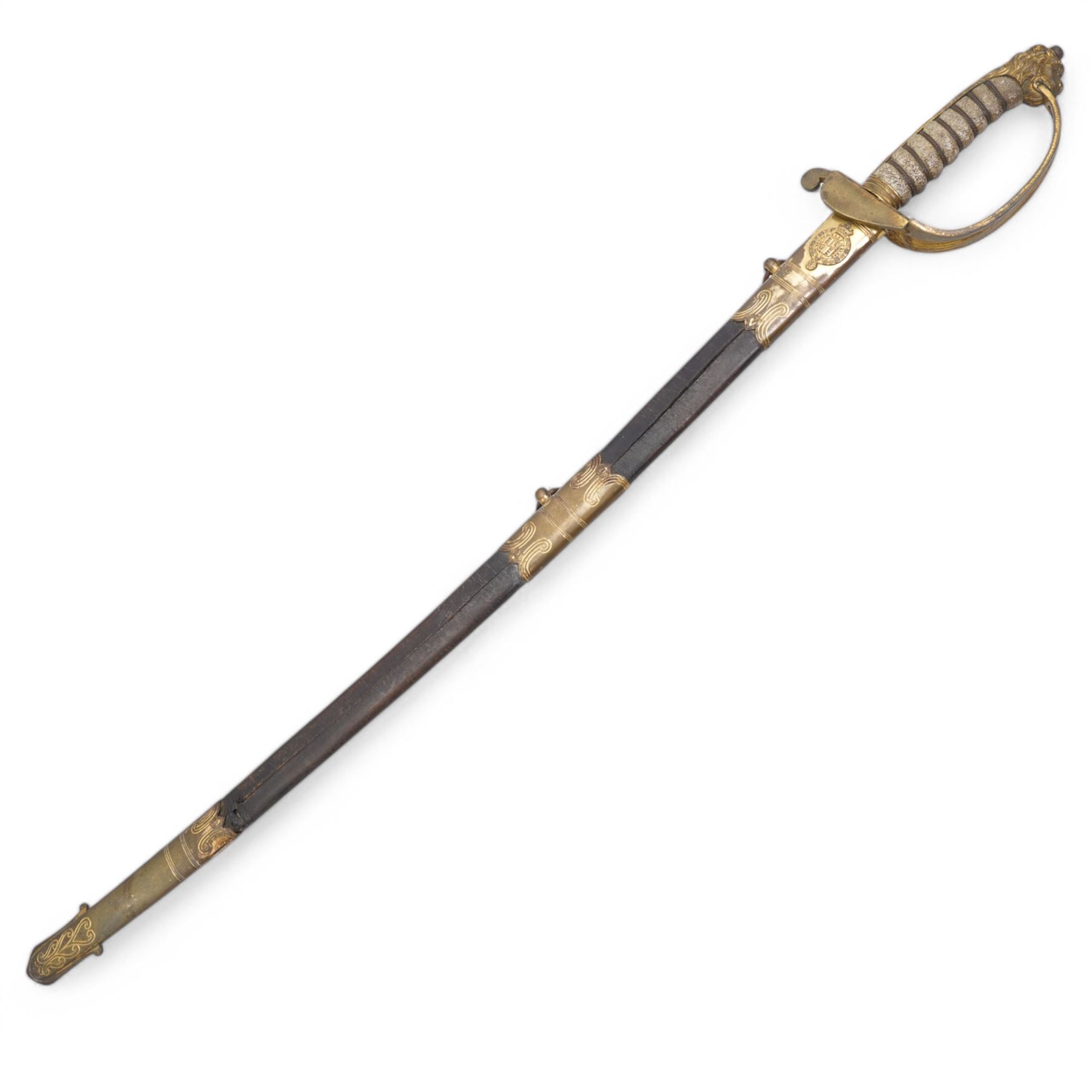 Victorian 1827 pattern Naval officers sword with lions head pommel, wire wound fishskin grip, the brass mounted leather scabbard inscribed 'Galt, Portsmouth', blade length 70cm 
