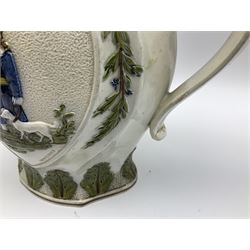 Early 19th century Prattware jug, circa 1800, decorated with two heart shaped panels of children, titled Sportive Innocence and Mischievous Sport, further decorated with acanthus and foliate borders, H22cm