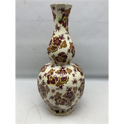 Mid 20th century Boch Freres of Belgium Keralux Fleur De Saxe vase, of double gourd form with pink and yellow flowers amongst orange foliage and gilt decoration, H44cm