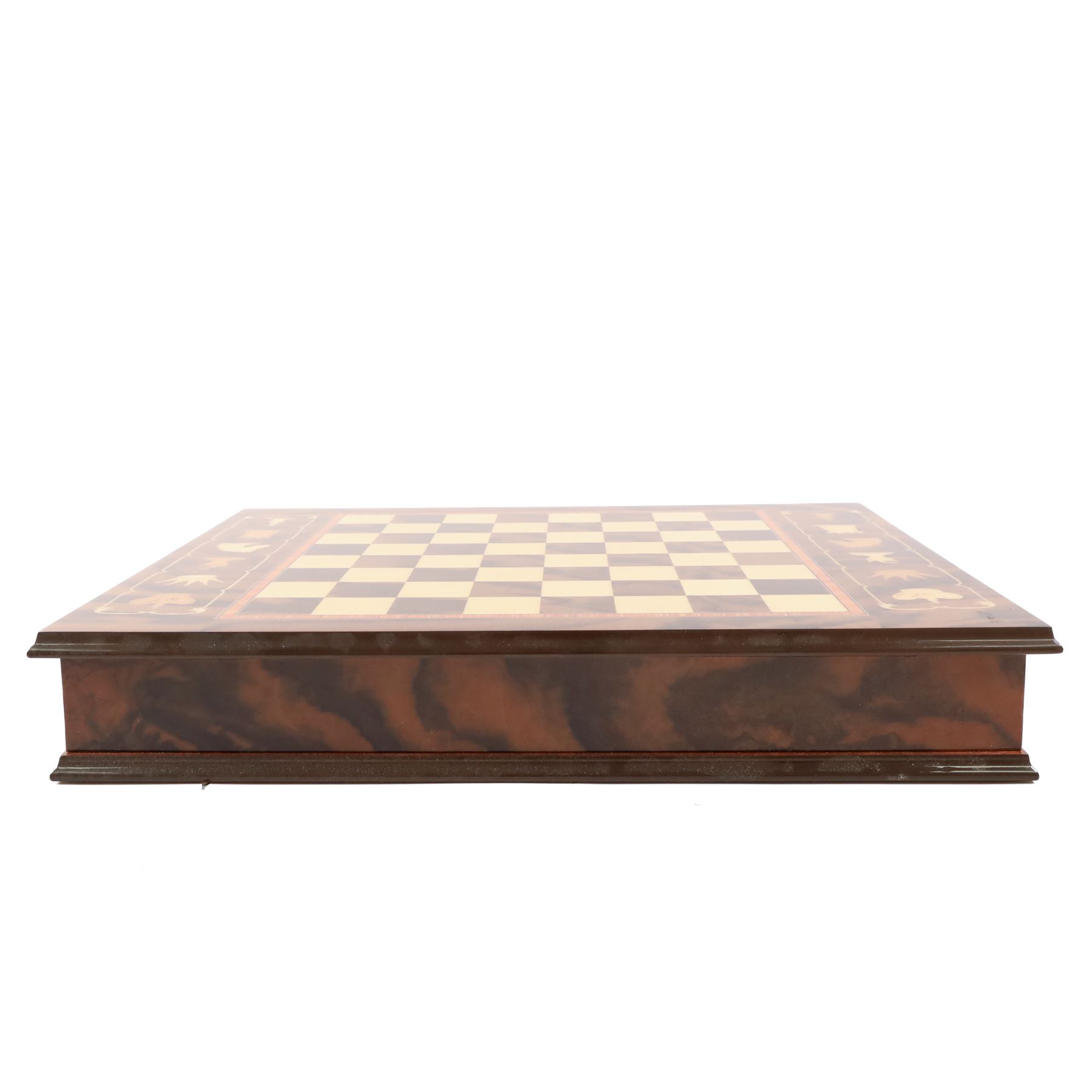Italian Notturno chess set, the hinged board opening upon compartments with chess pieces, with key, W35cm, L45cm 
