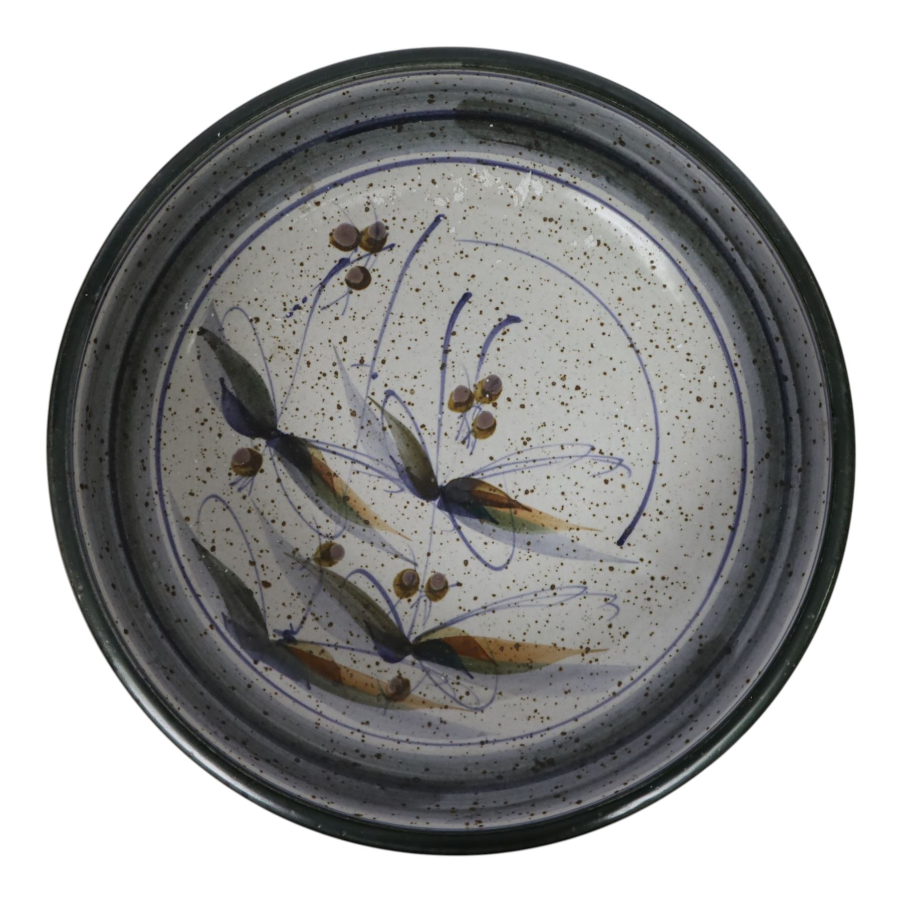 Large Andrew Hague Askrigg Studio Pottery bowl, with abstract foliate design and speckled glaze to the interior, and scale effect to the interior, H9.5cm D35.5cm, together with a cheese keeper and jug, also by Andrew Hague in matching design, each with impressed marks beneath