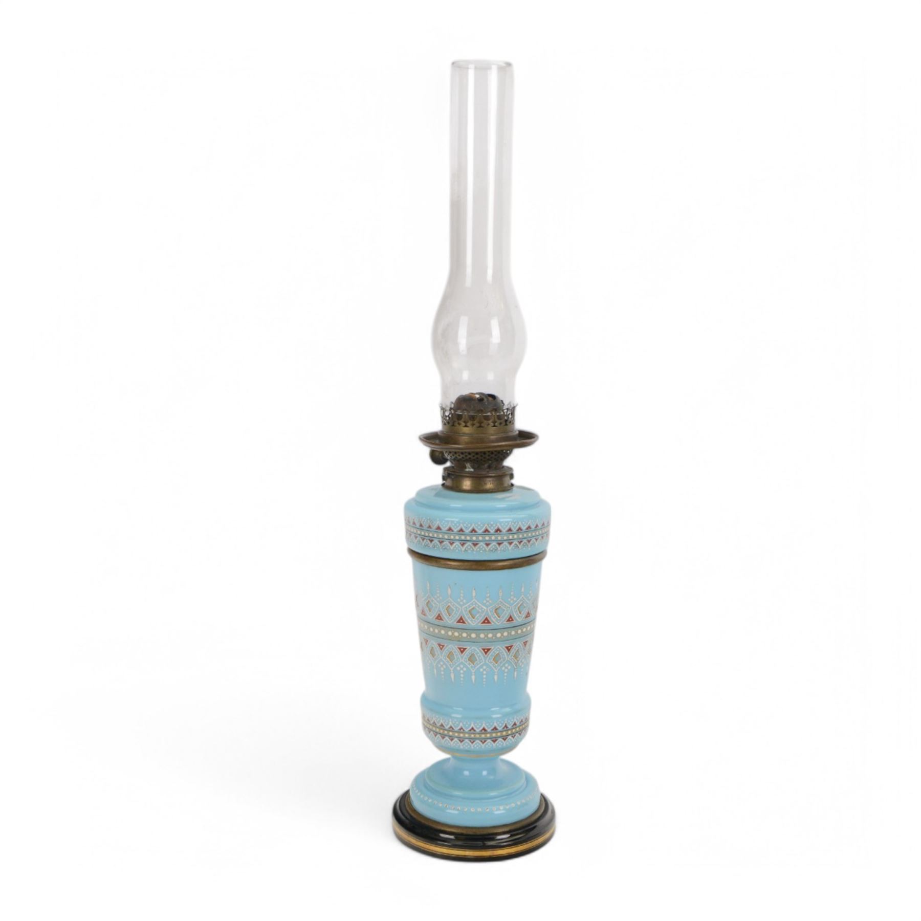 Victorian blue milk glass oil lamp by James Hinks & Son, with enamelled stipple decoration, H43cm