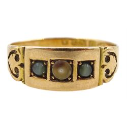 Victorian 15ct gold three stone cats eye chrysoberyl and split pearl gypsy set ring, Chester 1884
