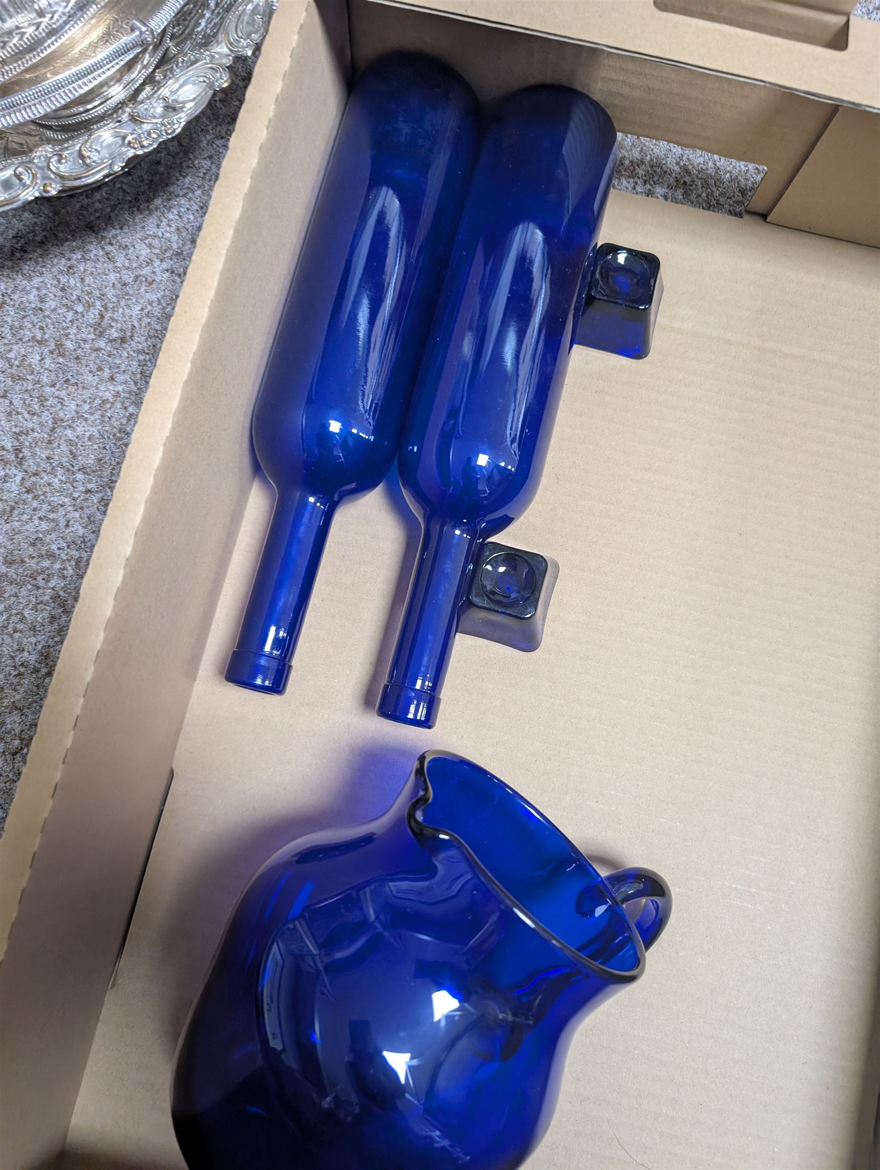 Bristol blue jug, silver and Sheffield plate, Blanc-de-Chine table lamp and a cast shell bowl, etc 