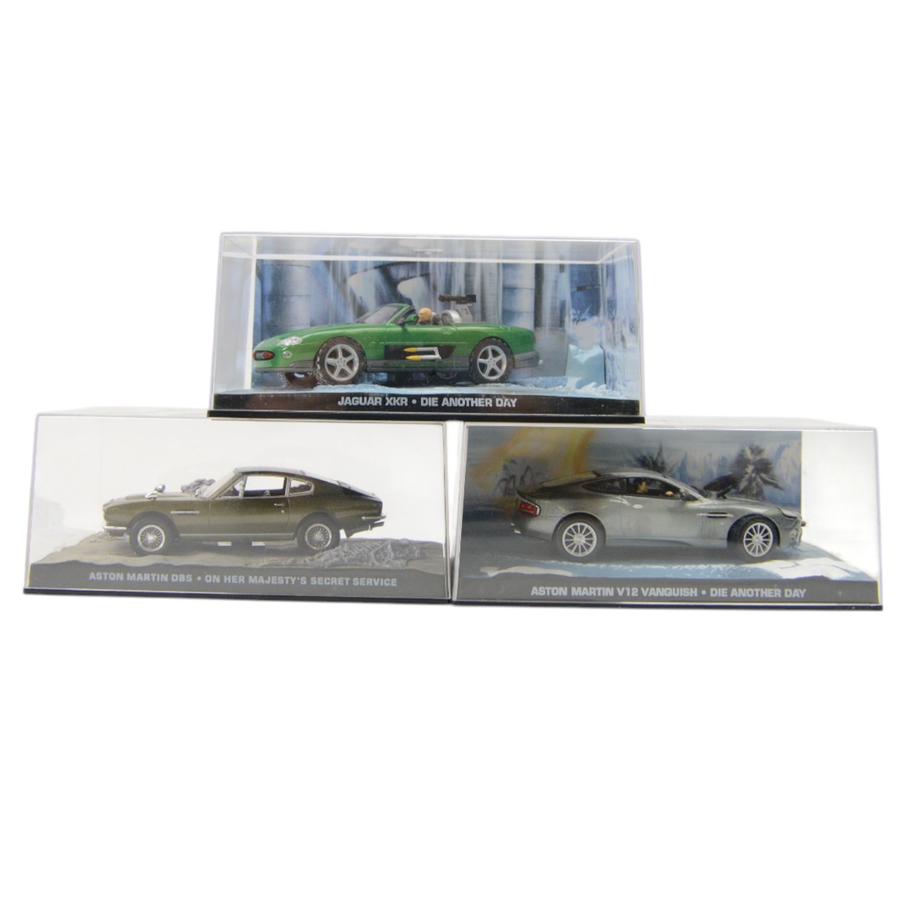 Thirteen Eaglemoss/Fabbri James Bond 007 diecast cars, including Lotus Esprit, Toyota 2000GT, Jaguar XKR, Aston Martin DBS, etc, all in plastic display boxes