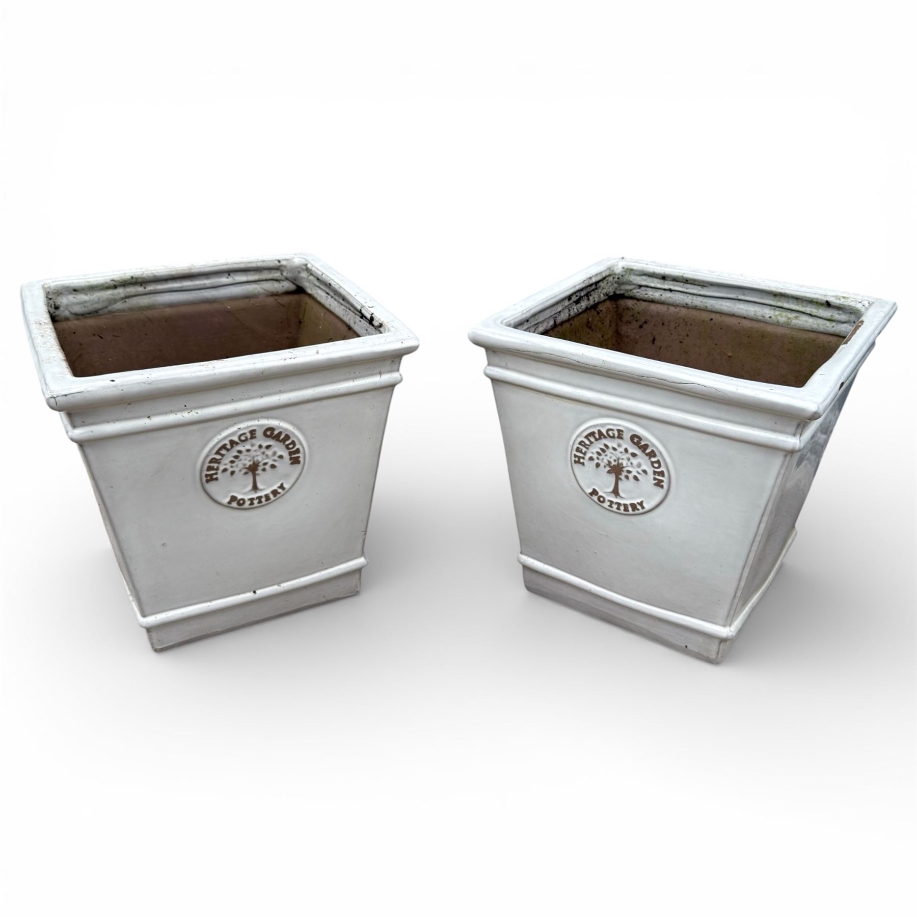 Pair grey glazed ‘Heritage Pottery’ square tapering planters