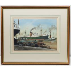 Adrian Thompson (British 1960-): Harbour Scene with Hull Fishing Vessels and Liverpool Ship, watercolour and gouache signed, dated 1994 verso 30cm x 42cm