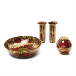 Four pieces of Fielding's Devon Lustrine, comprising a small pair of sleeve vases, H15cm; ...