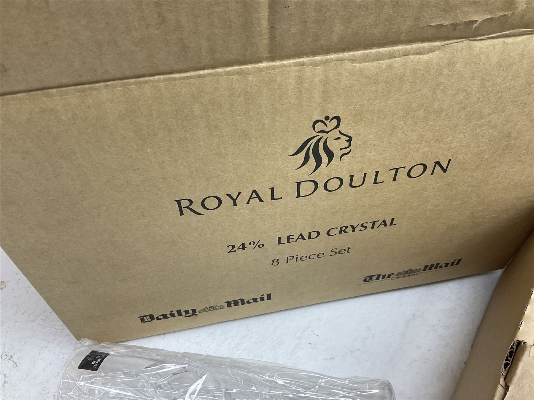 Quantity of boxed Saving the Gorillas in the Mist figures, boxed Royal Doulton glasses, art glass, ceramics etc in four boxes