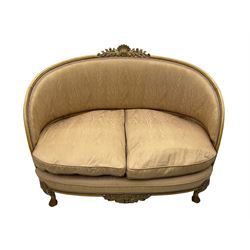 French Louis XV design walnut framed sofa, tub-shaped upholstered back with gilt foliate carved crest, padded seat with twin loose cushions, raised on cabriole supports with shell and acanthus leaf carvings