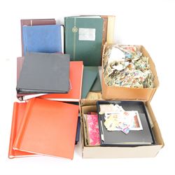 Great British and World stamps, including Portugal, Spain, Monaco, Vietnam etc, housed in various albums or folders and loose, in two boxes