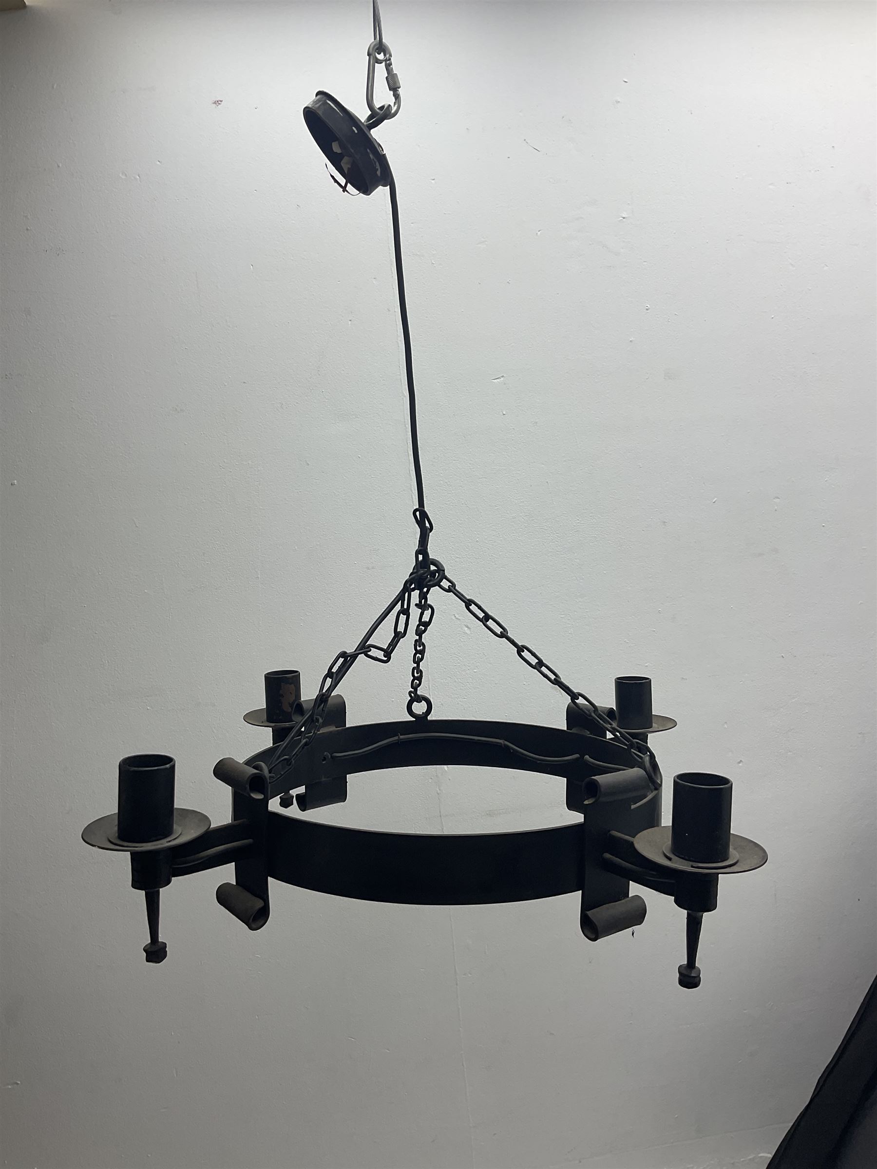 Pair of gothic style wrought iron ceiling lights, each with four branches, D58cm