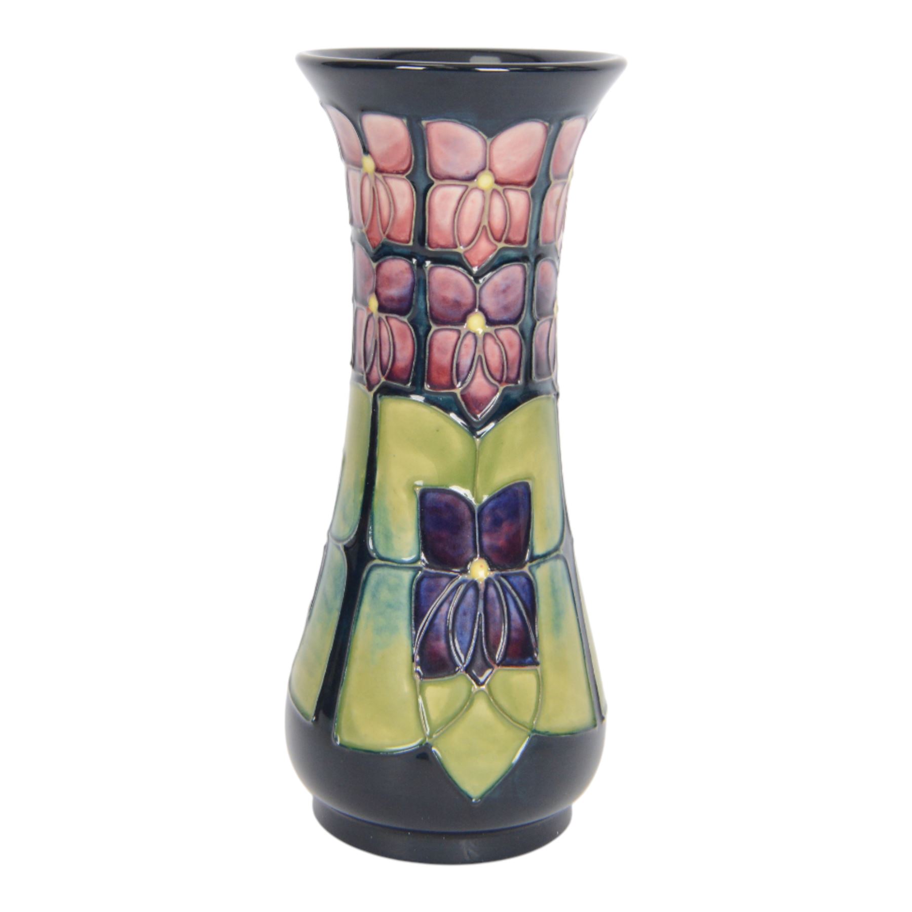 Moorcroft vase Violets pattern, of slender fluted form, with original box H21cm