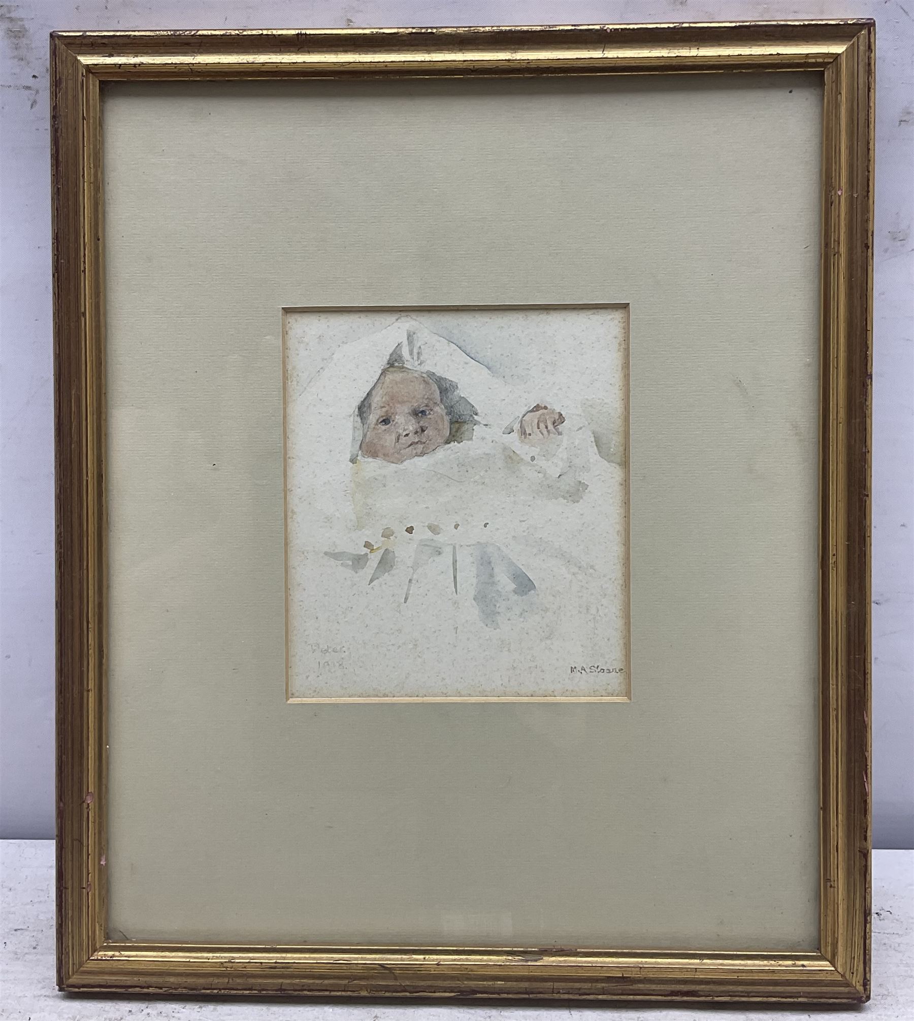 Mary Annie Sloane (British 1867-1961): Portrait of the Artist's Son 'Peter', watercolour signed titled and dated 1918, 13cm x 11.5cm 
Notes: Sloane was a student of Sir Hubert von Herkomer (British 1849-1914) from whom she developed her skills in etching and engraving, her watercolours are more uncommon. 
