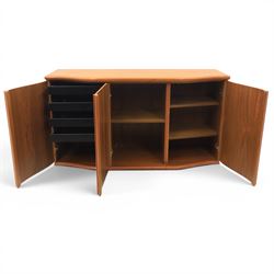 Skovby - model '400T' teak sideboard, shaped top above three cupboard doors with recessed handles, fitted with shelving and drawers