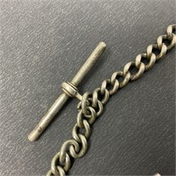 Victorian silver pair cased fusee lever pocket watch, No. 6765, cream enamel dial with Roman numerals, case makers mark R.S, Birmingham 1861, on silver Albert chain