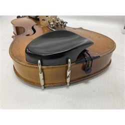 Full size Violin with a maple back and spruce top, ebonised fittings and fingerboard, with two bows in a hard case Length 60cm