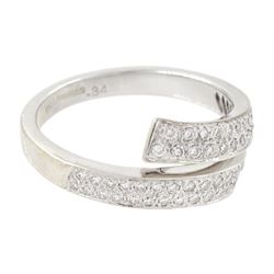 18t white gold diamond crossover ring, two rows of pave set round brilliant cut diamonds, hallmarked, total diamond weight 0.34 carat