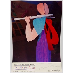  David Hockney (British 1934-): 'The Magic Flute', signed poster for the San Francisco Opera 65th Season Sept.11 - dec.13 1987, signed and inscribed 'For Mum' 63cm x 39cm overall (unframed) Provenance: from the artist's family home in Hutton Terrace, Eccleshill, Bradford sold at auction DDM Sept.12th/13th 2000 Lot 561 (photocopy of catalogue and newspaper cuttings included)   