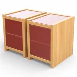 Sliderobes - modern dressing table and two bedside cabinets, red glass panels to top and drawer fronts, drawers with push to open mechanism, with veneered oak frames (Bedside tables H 56cm, D 50cm, W 40cm; Dressing table: H 83cm, D 50cm, W 135cm)