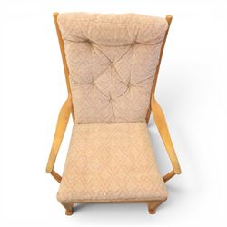 Parker Knoll -model '480' rocking beechwood chair, loose seat cushions above an elasticated webbing seat, curved rocker base 