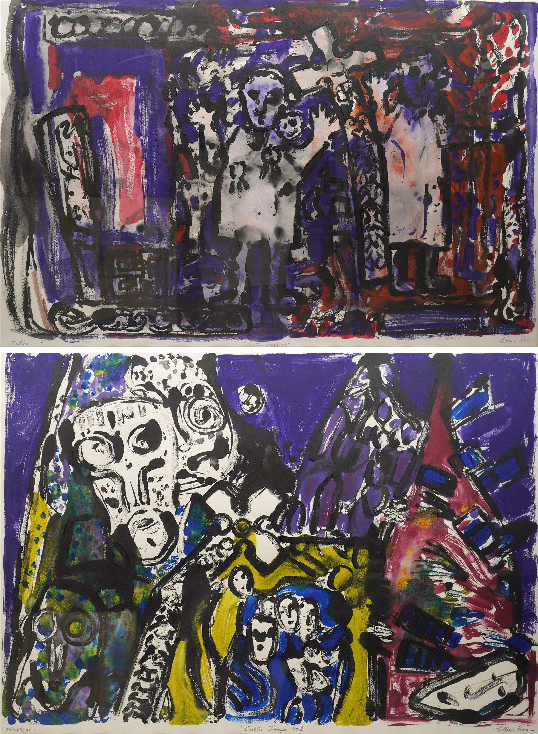 Gillian Ross Kelsey (British 1935-2025): 'Celtic Image No 1' and 'Celtic Image No 2', two acrylic monotypes signed and titled in pencil max 70cm x 110cm (2)