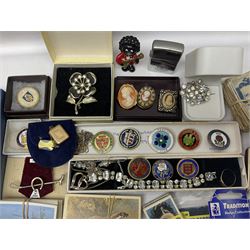Costume jewellery, including bracelet, brooches, clip on earrings, etc, together with enamel pin badges, mostly relating to bowls, Zippo RAF lighter, cigarette cards and other collectables