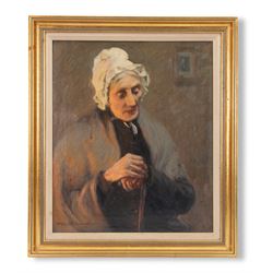 Mark Senior (Staithes Group 1864-1927): 'The Last Flicker' - Portrait of Peggy Calvert, oil on canvas signed 59cm x 49cm
Provenance: exh. Royal Academy 1901 No. 849, faintly inscribed verso. 
Notes: Peggy Calvert served as Senior’s housekeeper, and is known to have frequently sat for his portraits.