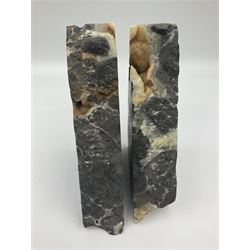 Pair of septarian onyx bookends of rectangular form with polished to three sides with a raw outer edge, H18cm 